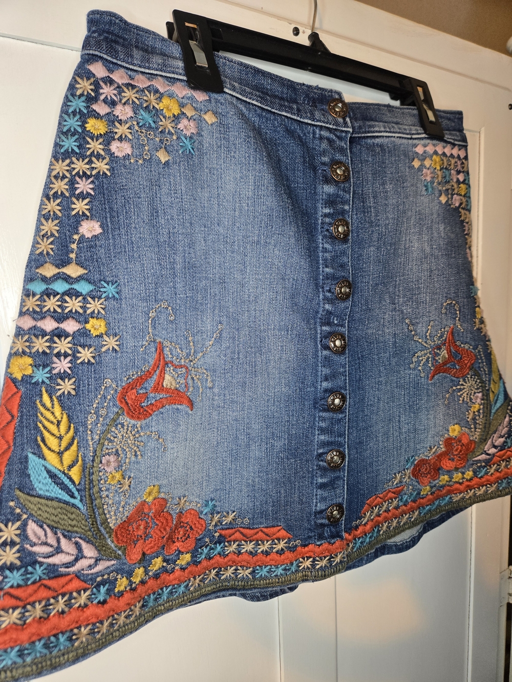 Embroidered Denim Button-Front Mini Skirt Floral Hippie Boho Sneak Peek
